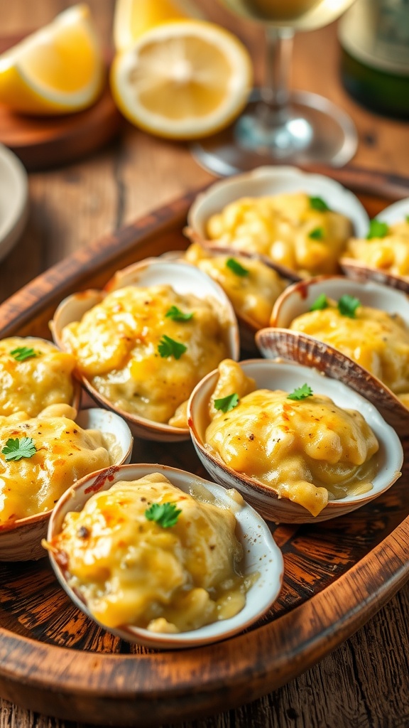 Cheesy baked clams topped with melted cheese and parsley on a rustic platter.